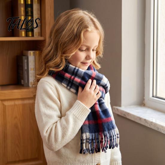 Warm Lightweight Velvet Scarf Double Sided for Kids, Soft Thickened Plaid Neck Warmer Unisex Winter Boys and Girls, Comfortable Wrap Outdoor