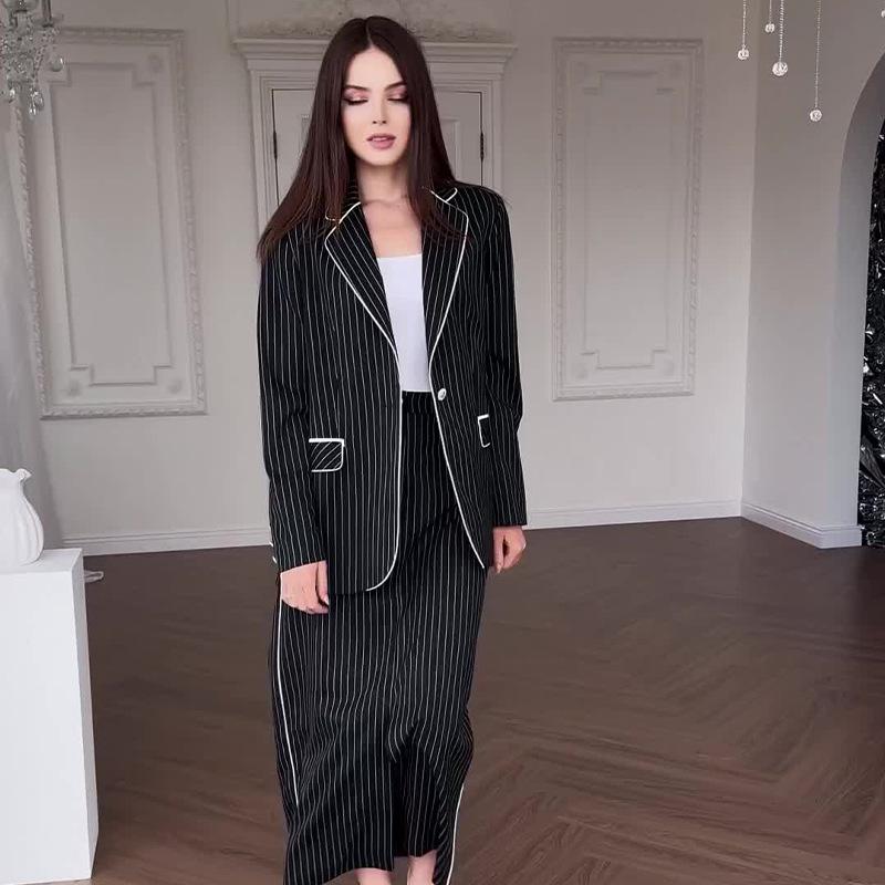2024 Autumn Women's Solid Color Lapel Suit & Elegant Midi Skirt Set