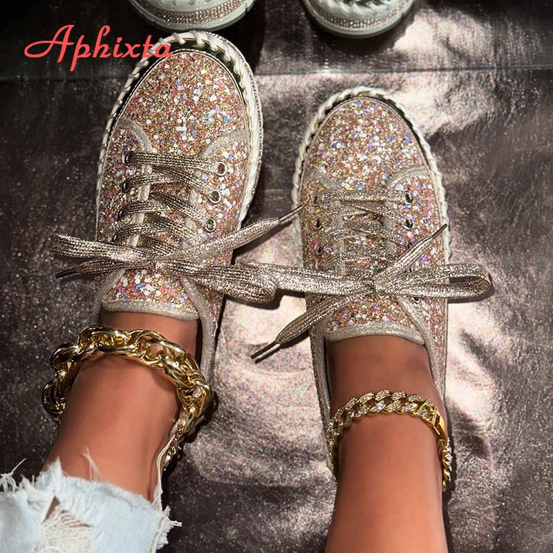 Aphixta 2025 New Sequined Lace Up Shallow Woman Shoes Silver Loafers Spring Woman Shoes Sewing Casual Shoes For Woman