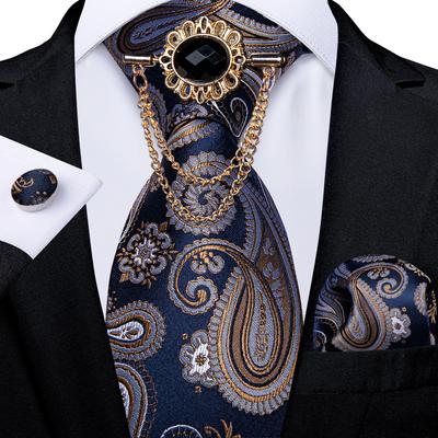 Gravatas de seda azul marinho para homens, gravata clássica paisley, lenço, abotoaduras, conjunto para festa de negócios