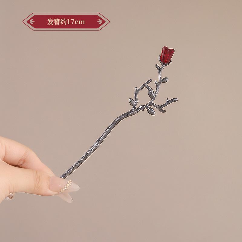 Vintage Chinese Style Rose Hairpin For Women Red Flower Element Tassel Hair Stick Elegant Exquisite Handmade Hair Accessories