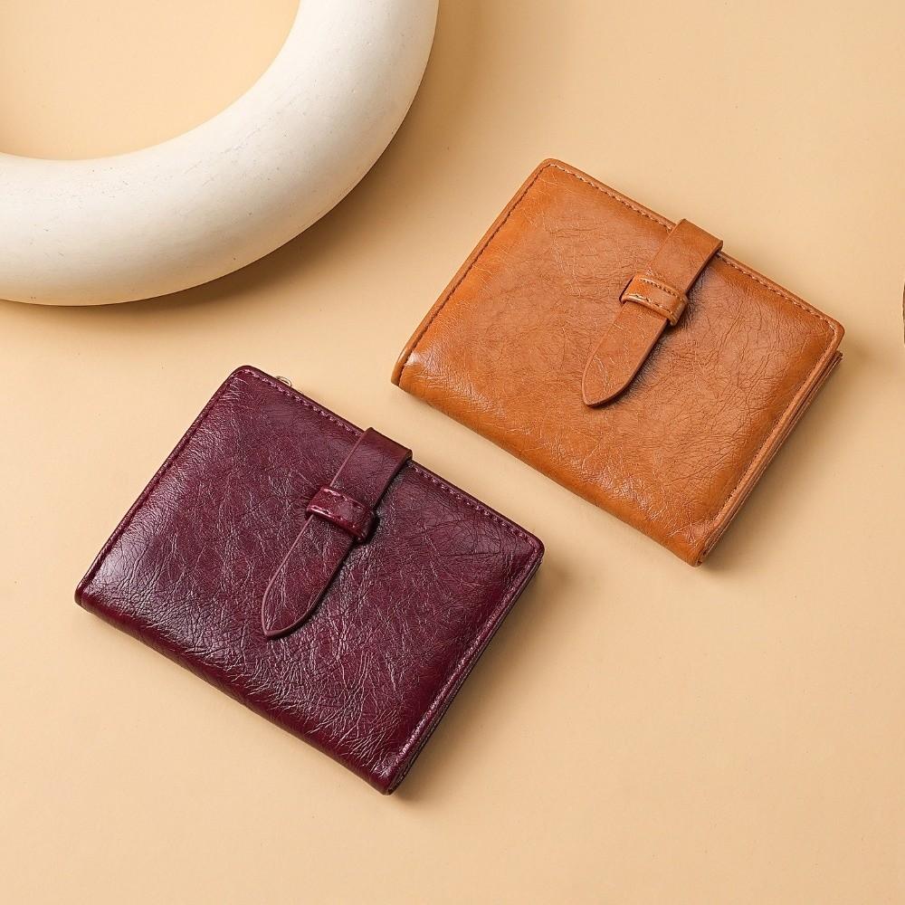 Portable PU Leather Women's Purse Solid Color Folding Design Short Wallet Pull-out Design Large Capacity Leather Purse for Women