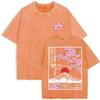 Summer Women Mount Fuji Cherry Blossoms Graphic Print Washed Cotton O Neck Oversized Short Sleeve Streetwear Loose Basic To
