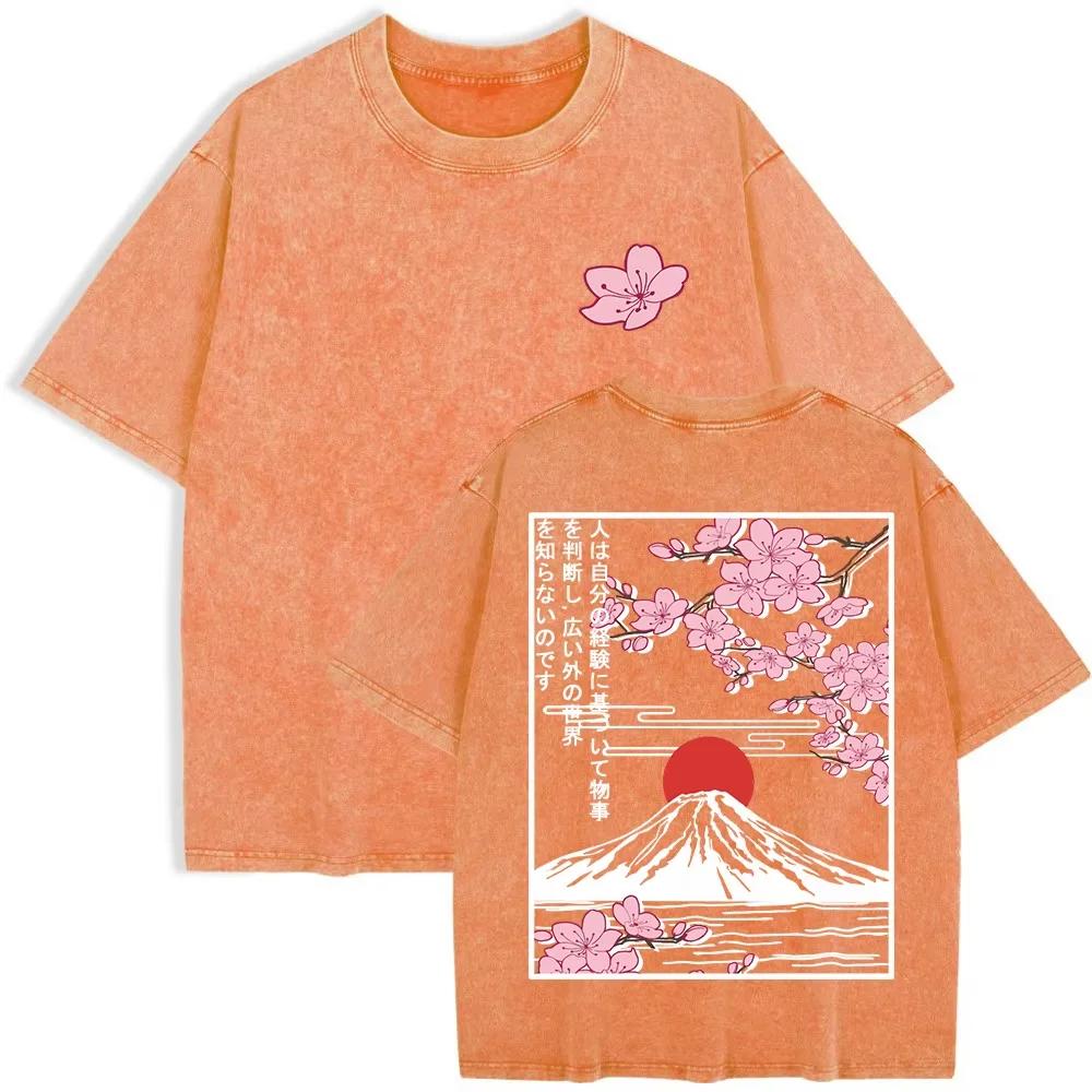 Summer Women Mount Fuji Cherry Blossoms Graphic Print Washed Cotton O Neck Oversized Short Sleeve Streetwear Loose Basic To