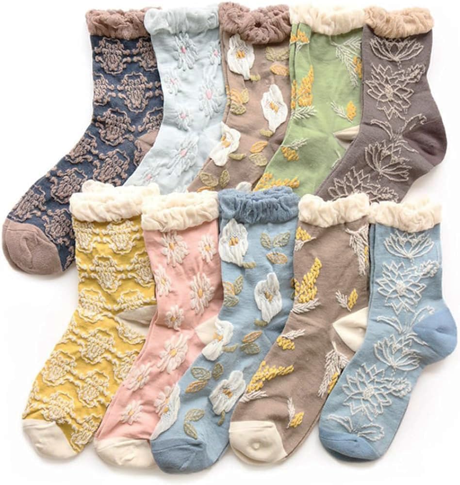 

loose set of 10 floral crew length elastic loose not cotton [box408] Women s socks, fluffy, fit, pairs, print, socks, cuff, fit, constricting, blend, бежевий
