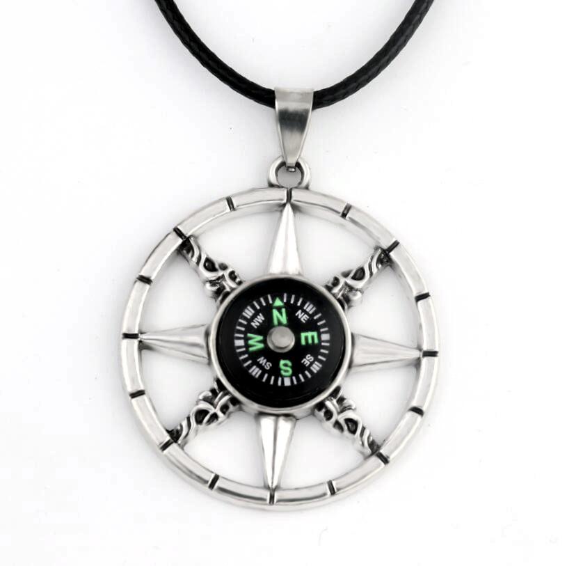 Compass Necklace Retro Titanium Steel Stainless Steel Alloy Pendant Gift Jewelry Leather Rope Chain
