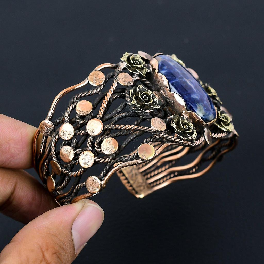 Sodalit Ädelsten Ren Koppartråd Lindad Handgjord Manschett/Armring Justerbart Smycke