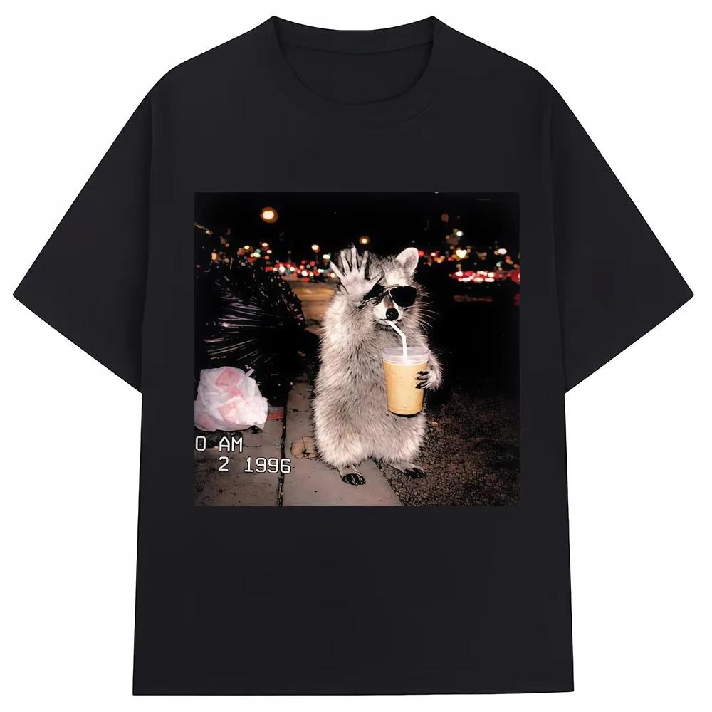 

Raccoon Drinking Iced Coffee Funny Meme Print T Shirt Men Women Humor Animal T-shirts Pure Cotton Casual T-shirt S