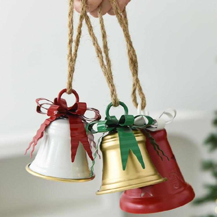 Metal Holiday Bell Ornament for Christmas Tree and Entry Area, Hanging Display Piece with Rope Loop and Top Accent