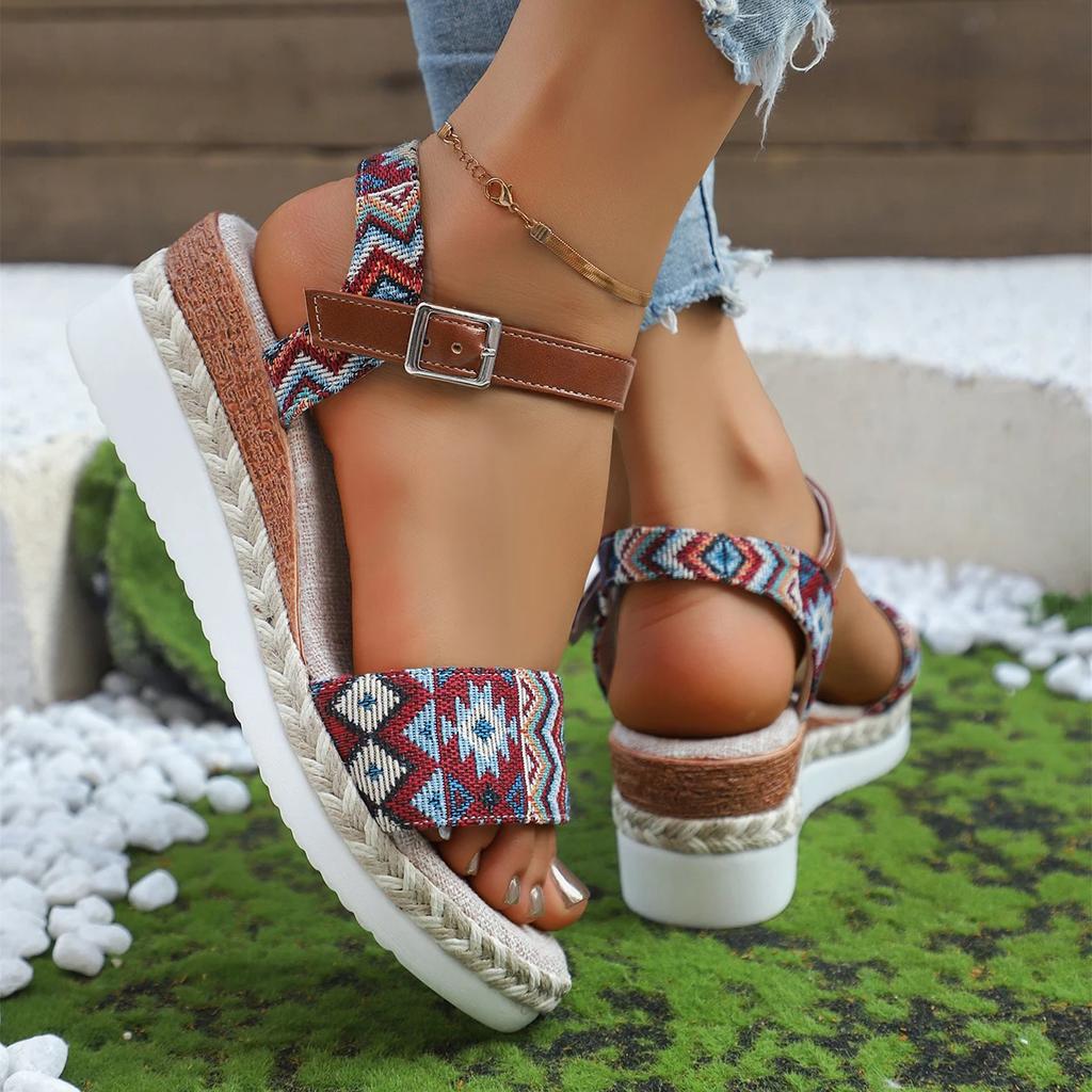 Geometry Striped Wedge Sandals for Women Summer Lightweight Beach Shoes Woman Plus Size Fashion Buckle Strap Platform Sandalias