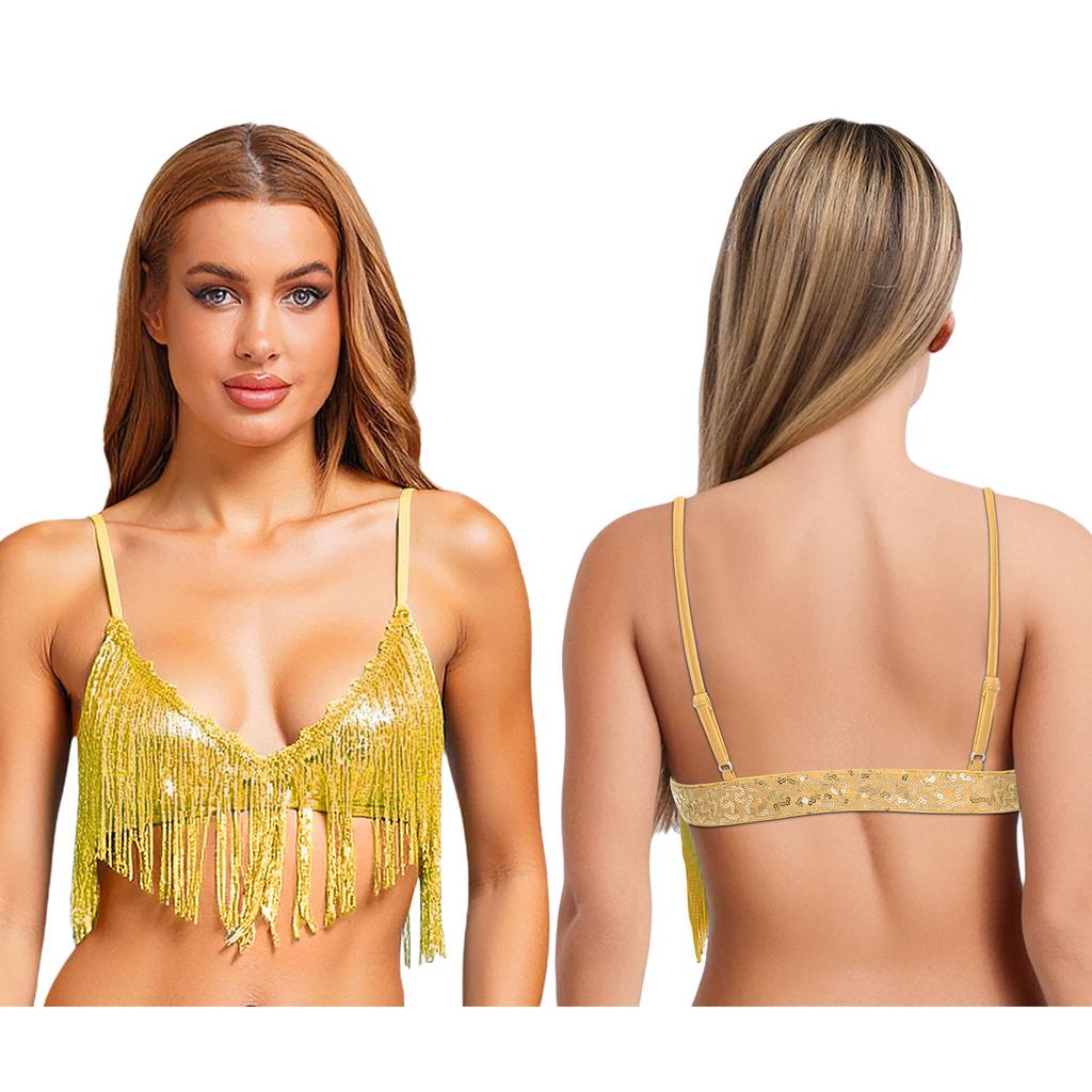 Womens Shiny Sequin Tassel Bra Tops Swing Sequin Fringe No-pad Wireless Bralette Bra Clubwear Dancewear for Belly Dance Disco