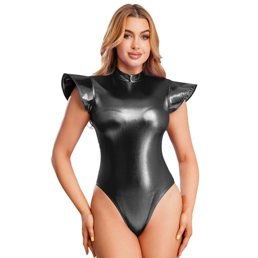 Dámský lesklý body s muchlavými rukávy, trikot s rolákem, zadní zip, jednodílný overal, vesmírný tématický klubový obleček