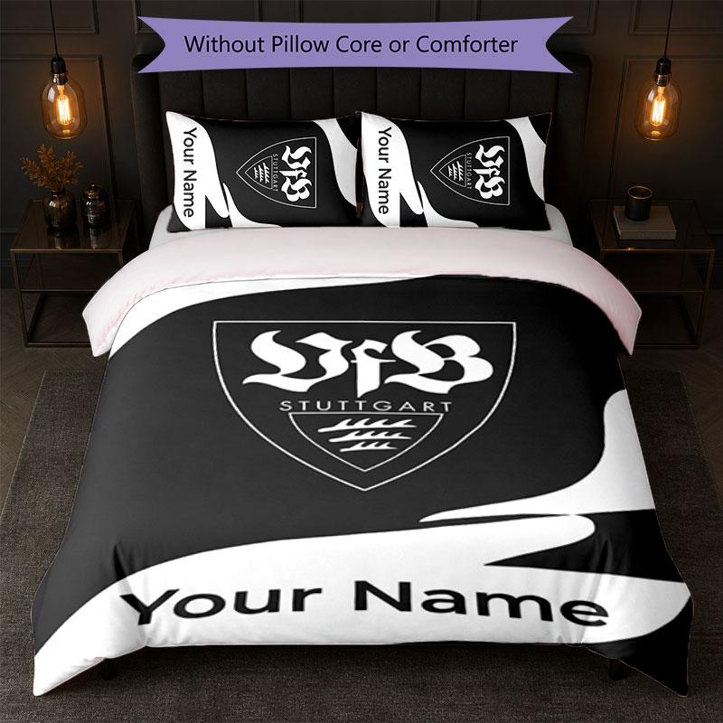 Set Biancheria da Letto Personalizzato VfB Stuttgart FC con Nome Testo 1 Copripiumino+2 Federe Logo Calcio Regalo Personalizzato per Occasioni Speciali Decorazione Camera da Letto