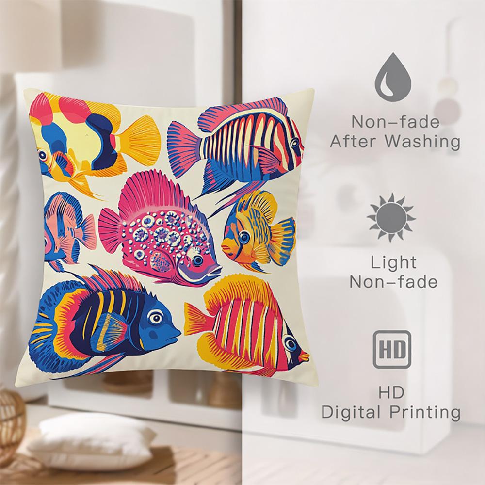 1/4pcs 2D Flat- Boho Folk Art Colorful Fish Print Square Throw Pillow Cover Home farmhouse outdoor decoration cushion cover