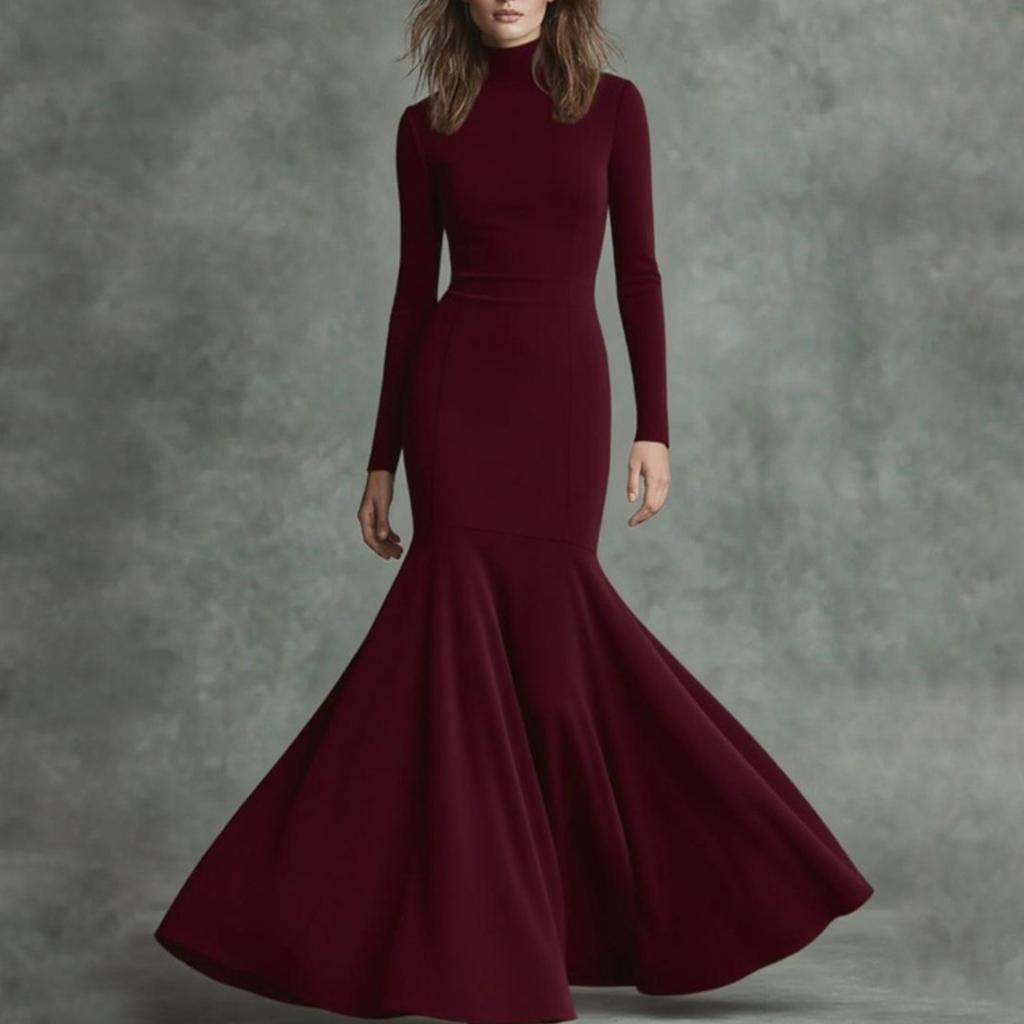 Women’s Long Sleeve High Neck Maxi Dress Elegant Formal Gown Fitted Floor Length Evening Wear for Special Occasions