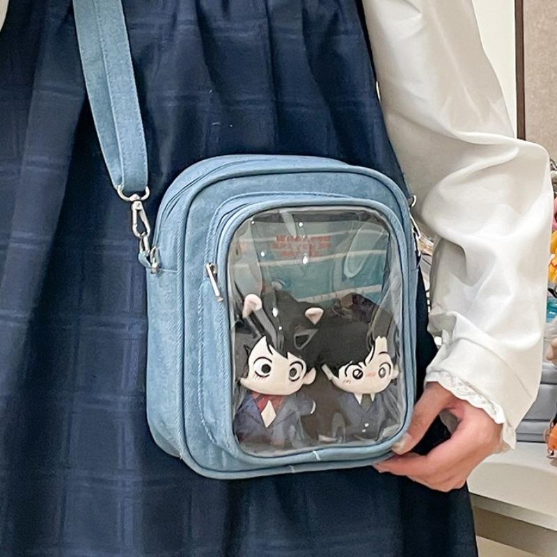 Denim Ulzzang Ita Taschen Damen Transparentes Abzeichen Puppen-Show Crossbody Umhängetasche Individualität Designer 2 Seiten Bolso