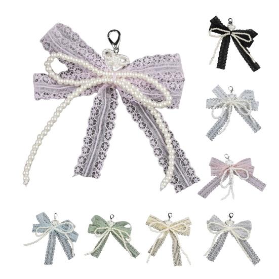 Lace Bow Shoe Charm for Sneakers Faux Pearls Beaded Bowknot Removable Bow Charm Accessory for Women Girls Shoes Bags Keychains