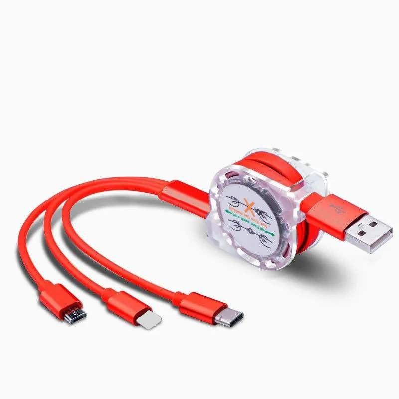Original Logo Retractable Data Cable Fast Charging 3-in-1 Car Charger For Apple Android And Type-c Devices