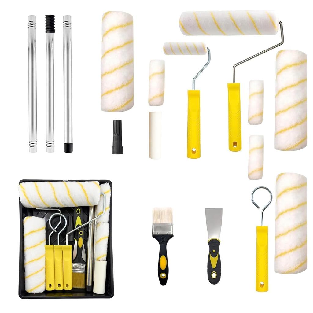 Paint Roller Set with Telescoping Pole Up To Microfiber Sponge Roller for and Indoor and Wall and Ceiling Professional High Even Coating 16-Piece