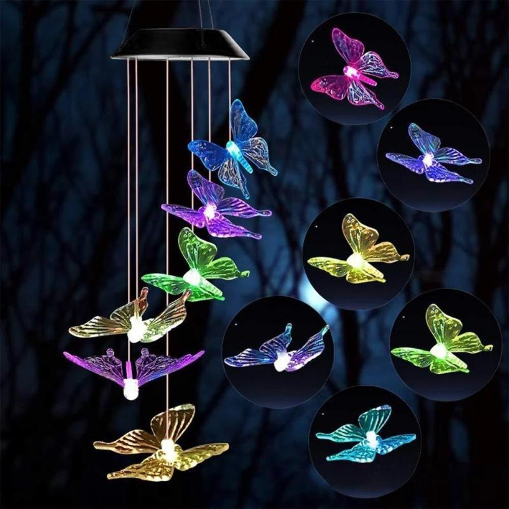 2PC Colorful Gradient Garden LED Wind Chimes Decorated Solar Hummingbird Landscape Garden Lights Decorated Atmosphere