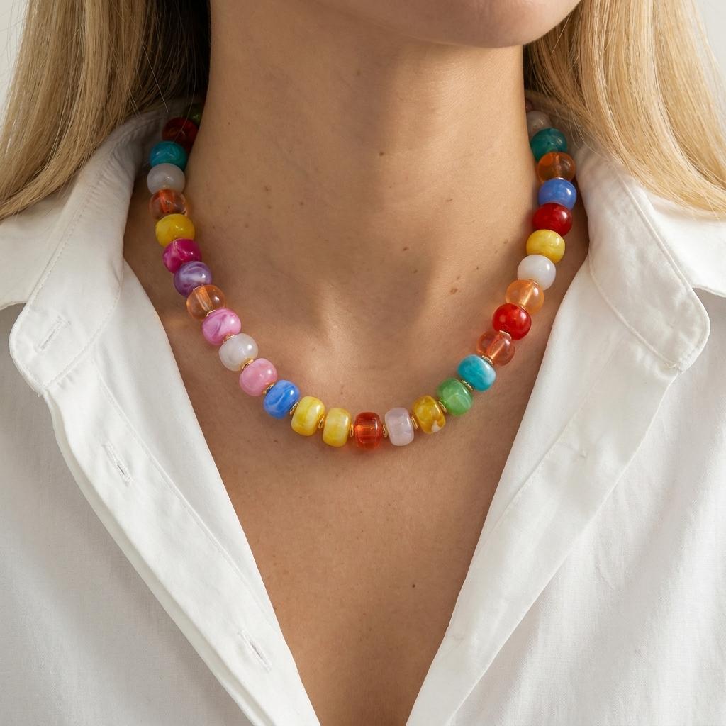 Boho Colorful Acrylic Beaded Necklace For Women Candy Color Chunky Round Resin Beads Choker Beach Vacation Seaside Daily Jewelry