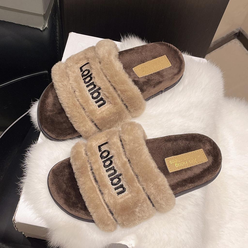 One-word Open-toed Fluffy Slippers for Women, New Autumn and Winter Letters, Round Head, Comfortable and Versatile Flat-bottomed Slippers for Women