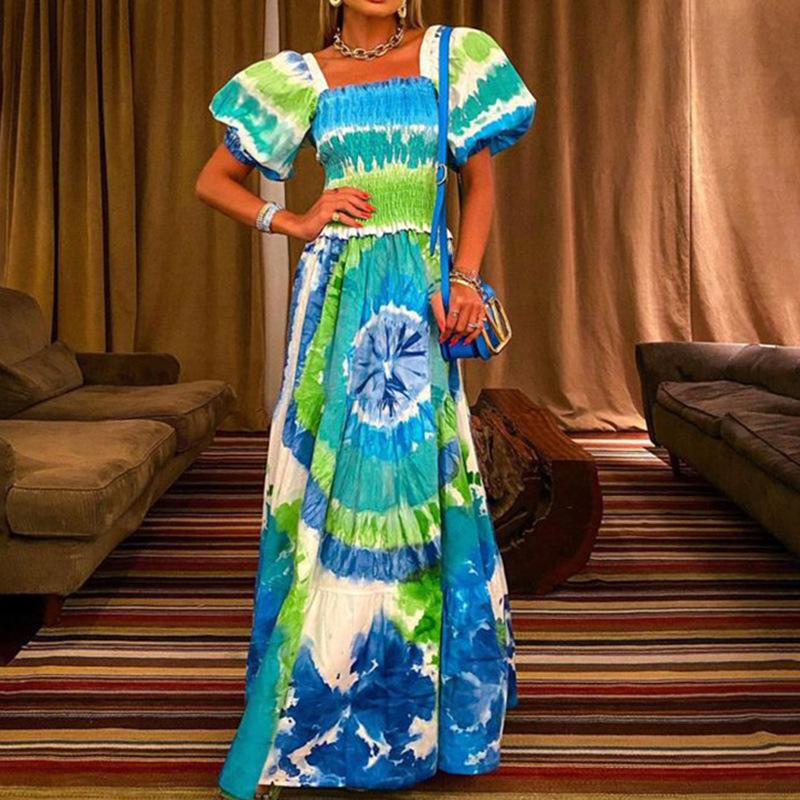 Women's Summer Bubble Sleeve Digital Printed Loose Long Dresses
