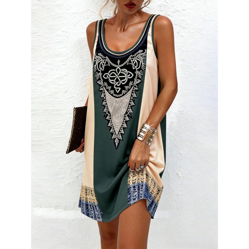 Women s Spring/Summer Retro Ethnic Print Sleeveless Dress, Casual Everyday Dress S