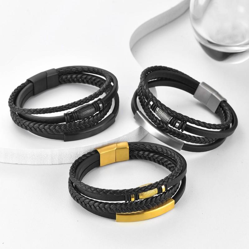 Stainless Steel Multi-Layer Braided Leather Bracelet Men With Magnetic Clasp Fashion Geometric Design