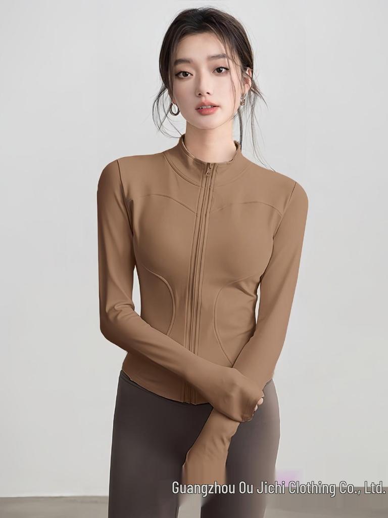 Women's Slim-Fit High Collar Yoga Jacket - Long Sleeve Knit Top for Outdoor Fitness