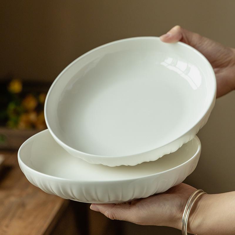 Retro Style Simple Ceramic Deep Plate High Sense Household Dish Round Pure White Restaurant Steak Pasta Plate Tableware