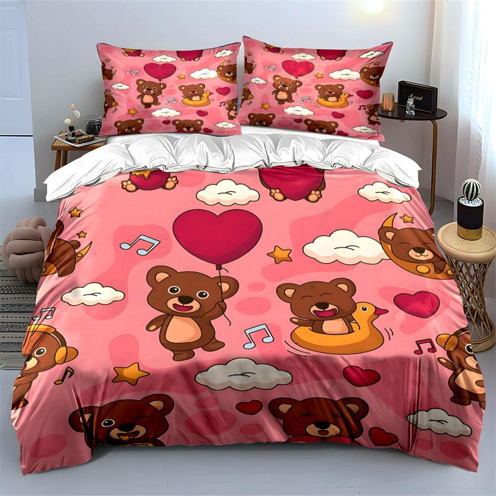 Cute Bear and Heart Pattern Bedding Duvet Cover Set (1*Duvet Cover 2*Pillowcases, Without Duvet Insert)
