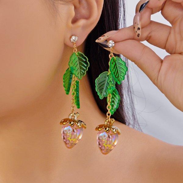 Korean Style Red Strawberry Dangle Earrings For Women Cute Rabbit Flower Peach Blossom Leaf Bamboo Earring Girls Party Jewelry