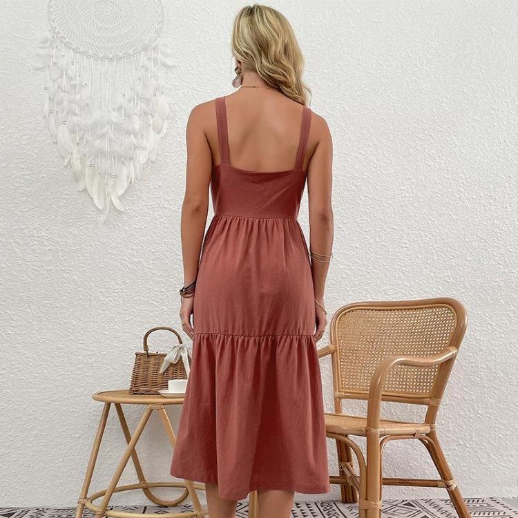 Chic Women Summer Halter Neck A Line Dress Cotton Linen Solid Color Strap Cardigan