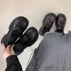 Round head retro black platform small leather shoes for women 2025 new summer French thick heel one pedal loafers for women