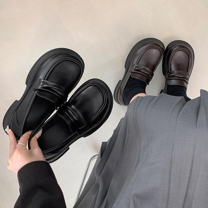 Round head retro black platform small leather shoes for women 2025 new summer French thick heel one pedal loafers for women
