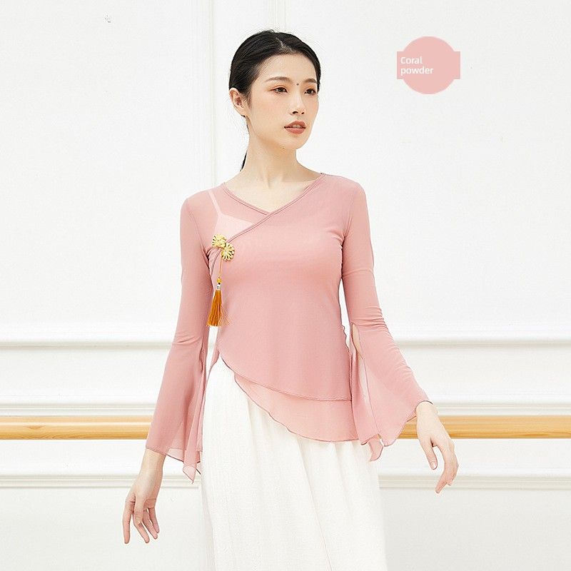 

Одежда для танцев и йоги, элегантный костюм феи для выступлений, одежда для упражнений, женская одежда из марли, топы для народных танцев, костюм для танца на художественном экзамене Coral powder XXXL