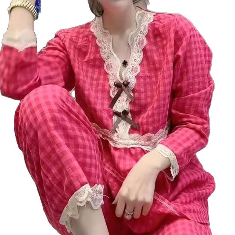 Baumwollpyjama mit Spitzenbesatz für Damen - Frühling, Herbst, Winter Kollektion