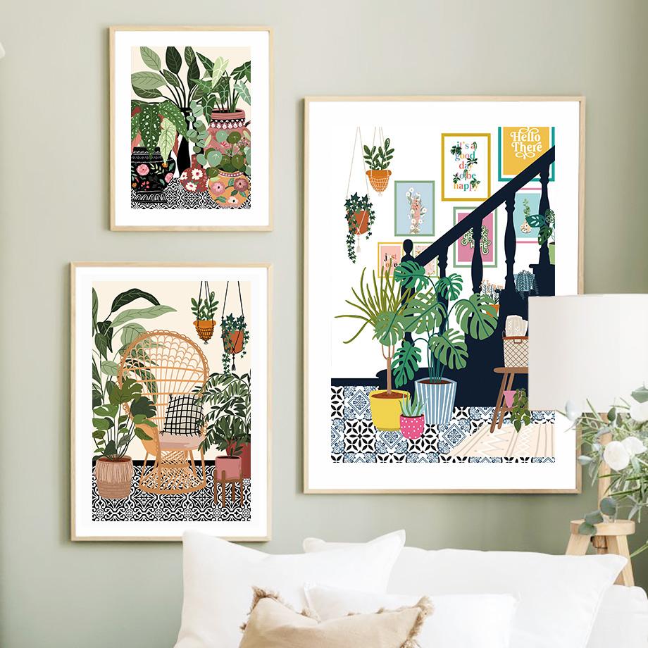 Boho Green Monstera Leaf Leopard Tub Sofa Wall Art Canvas Painting Nordic Posters And Prints Wall Pictures For Living Room Decor