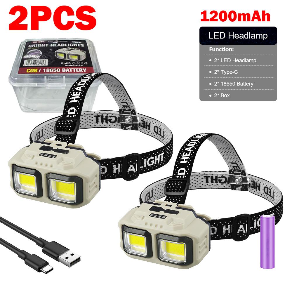 Powerful COB LED Headlamp Waterproof USB C Rechargeable Head Flashlight 18650 EDC Head Torch for Outdoors Hiking Fishing Camping