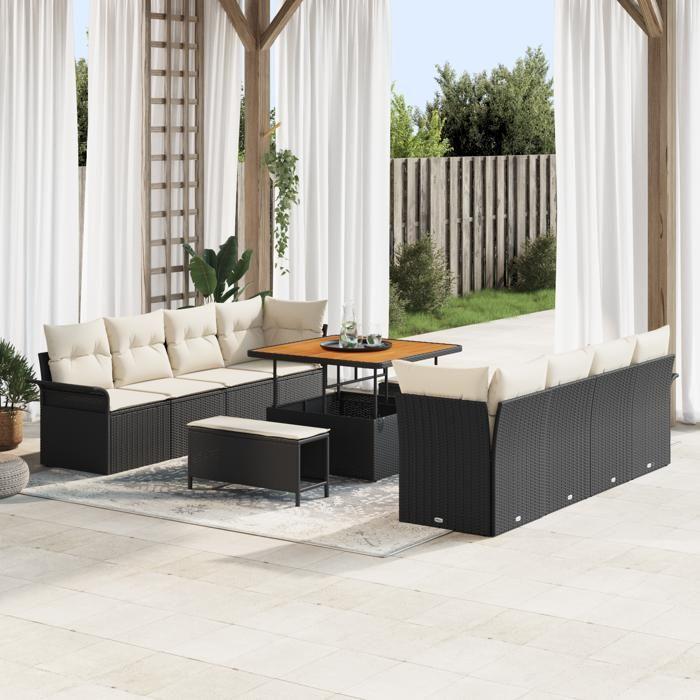 Ensemble de canapé jardin 11 pièces avec coussins en poly rotin noir et acacia, Canapé jardin 2 places avec coussins en poly 3362115