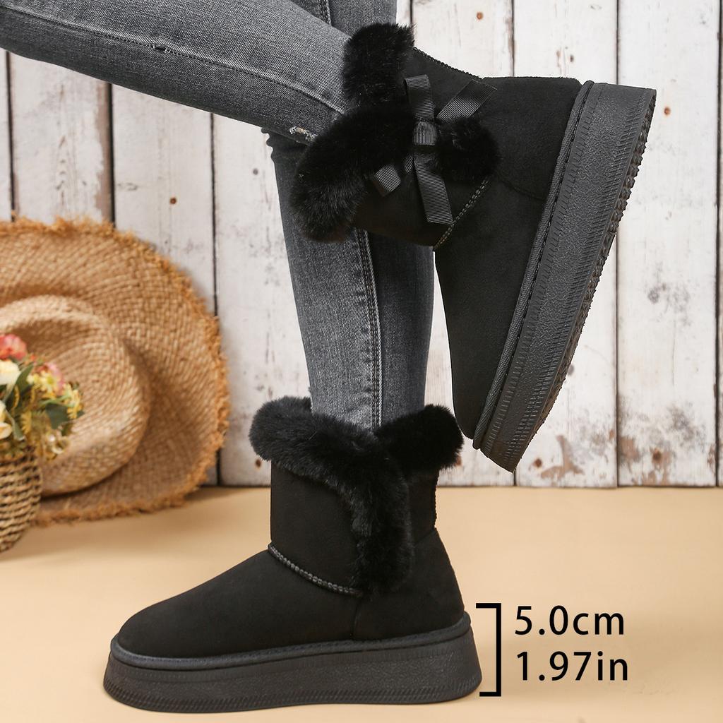Winter New Snow Cotton Boots Women's Thick-soled Bow Short Tube Piled Thickened Warm Non-slip Cotton Boots