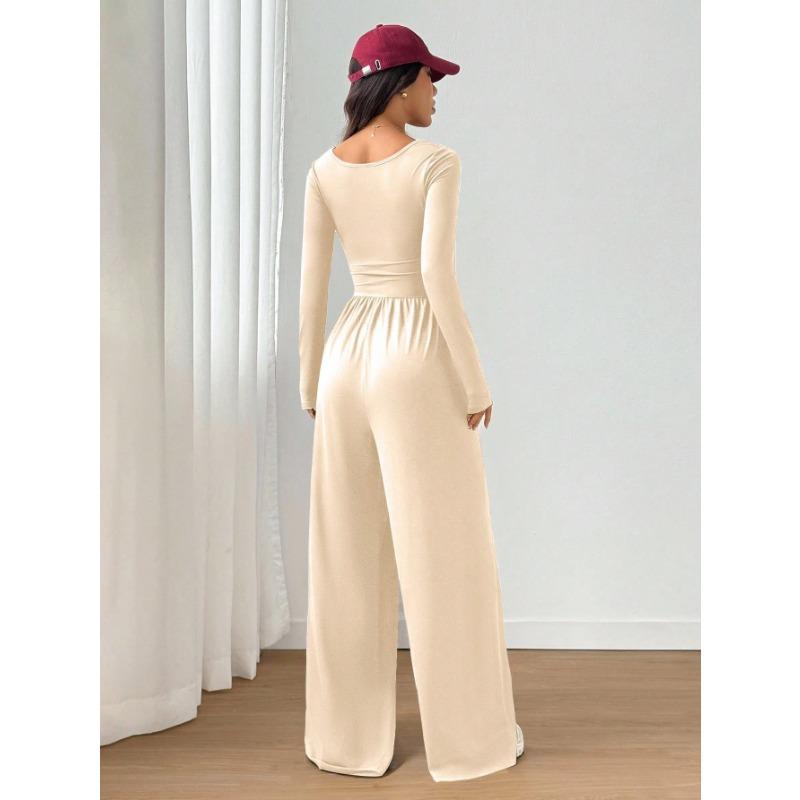 Women Fashion Casual Long Sleeve Square Neck Solid Wide Leg Jumpsuit
