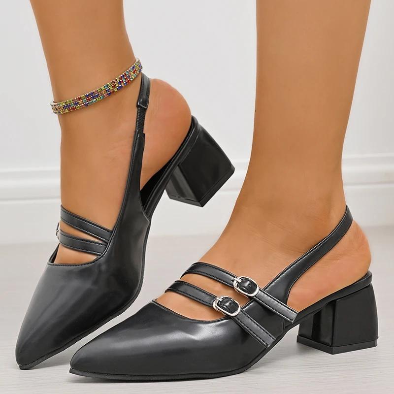 Pointed Toe Chunky Heel Sandals for Women Summer 2025 Double Buckle Strap Thick Heeled Pumps Mujer Dress Shoes Zapatos De Mujer