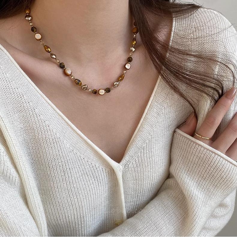 Maillard Caramel Tiger's Eye Stone Beaded Necklace Femininity Versatile Premium Sense Clavicle Chain Natural Stone Handmade