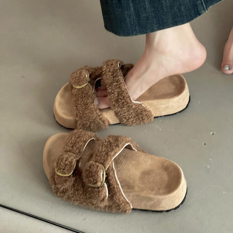 Fashion versatile retro style buckle one-word fluffy slippers women's 2025 autumn and winter new outer wear home open-toed cotton shoes