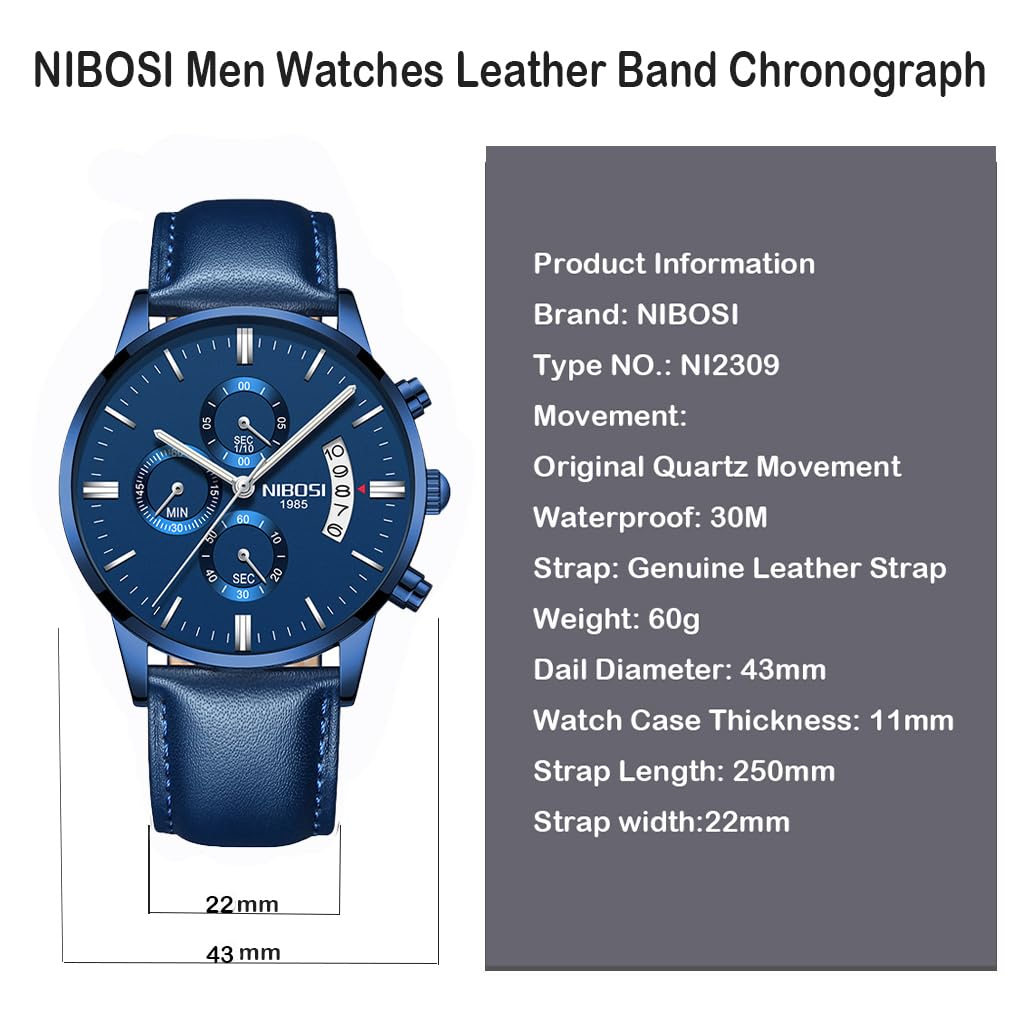 NIBOSI Watch Leather Strap Chronograph Waterproof Brand Analog Business Wristwatch Stylish Casual Big Face Watch Luxury Gift Blue Watch for Men Men's
