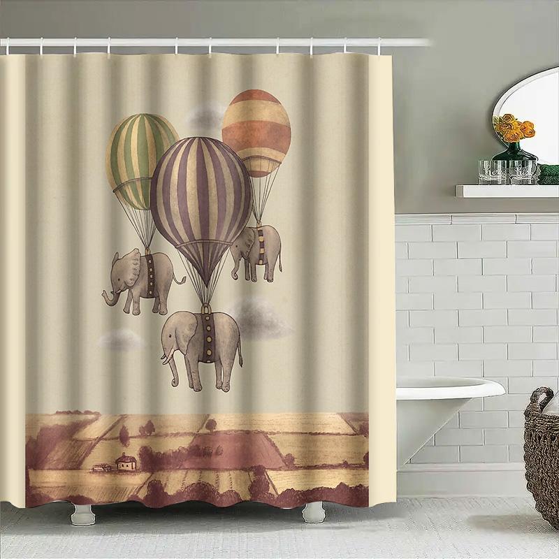 Vintage Elephant Hot Air Balloon Shower Curtain Rustic Farmhouse Bathroom Decor Set Waterproof Scenic Wall Hanging Artistic Home
