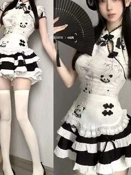 Sexy Maid Sex Suit Uniform Cheongsam Cute Chinese Panda Print Uniform Dress Elegant Fashion Sweet Women Mini Dress Top I5Ix