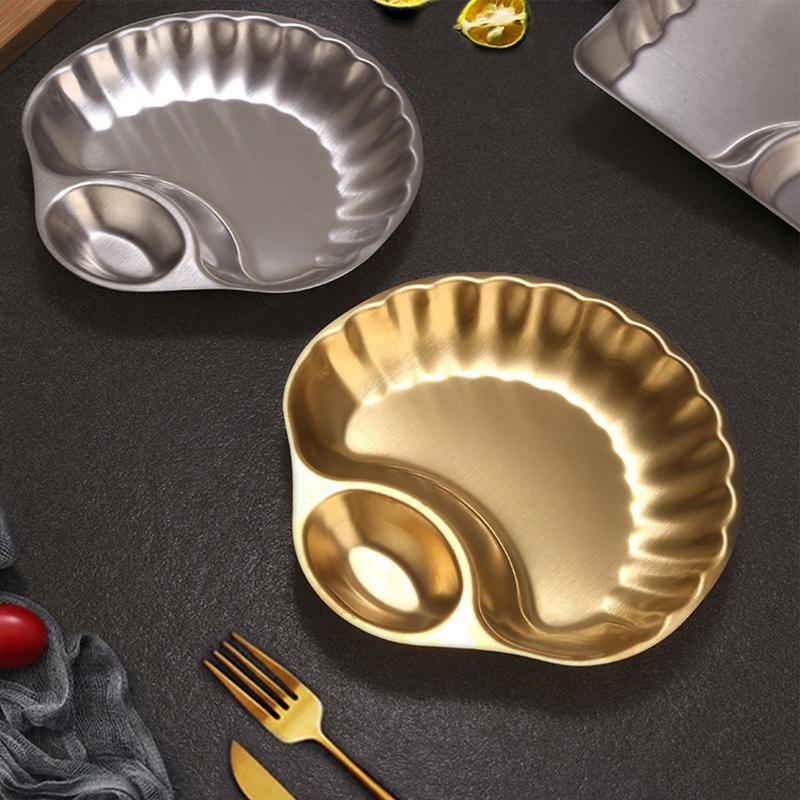 Tavă pentru gustări din oțel inoxidabil cu sos împărțit, farfurii pentru condimente, formă de scoică, bol pentru găluște, tavă de servire, farfurie pentru sos de înmuiat